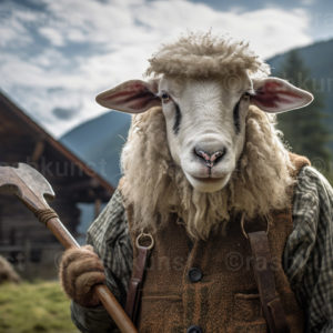 Der Nachbar - lustiges Kunstbild von einem Schafsbock als Nachbar im Alpenland
