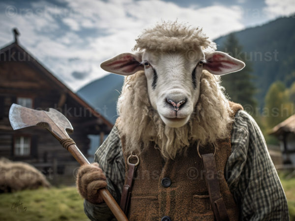Der Nachbar - lustiges Kunstbild von einem Schafsbock als Nachbar im Alpenland